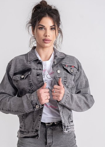 0903 Сіра жіноча джинсова куртка (NEW JEANS, котонова, 6 од., розміри молодіжка: XS. S. M. L. XL. 2XL) - фото 2