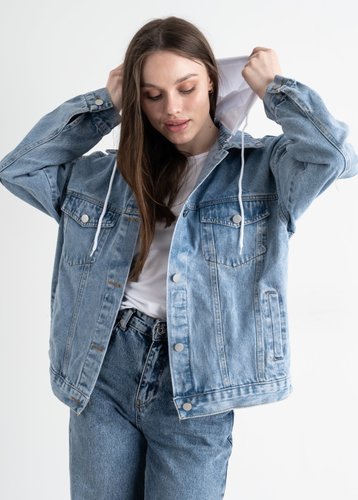 1218-10 Блакитна жіноча джинсова куртка з білим капюшоном (FASHION, котонова, 2 од., розміри норма: M. L) - фото 3