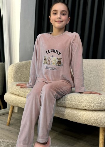 18400-32 Темно-пудрова піжама для дівчинки на 8-14 років (SARA, велюрова, 4 од., розміри підліток: 8, 10, 12, 14) - фото 2