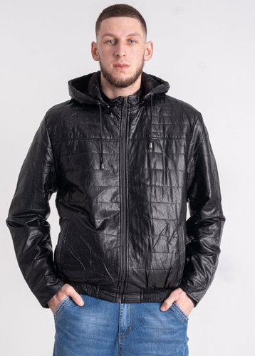 5802 Чорна чоловіча куртка (екошкіра, хутро, 6 од., розміри напівбатал: L. XL. 2XL. 3XL. 4XL. 5XL) - фото 2